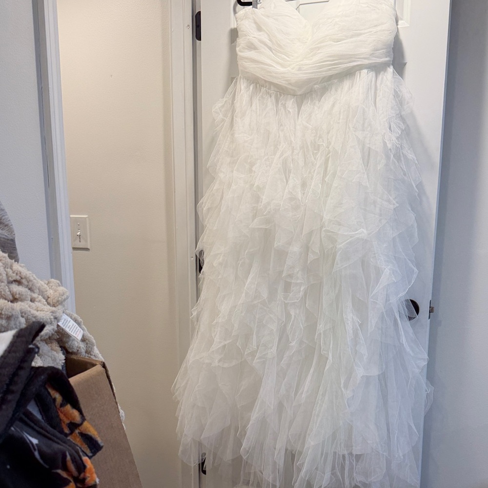 Strapless White Ruffled Tulle Dress